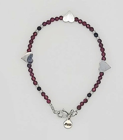 Dark Romance Garnet, Black Glass Bead, Stainless Steel Heart Bracelet