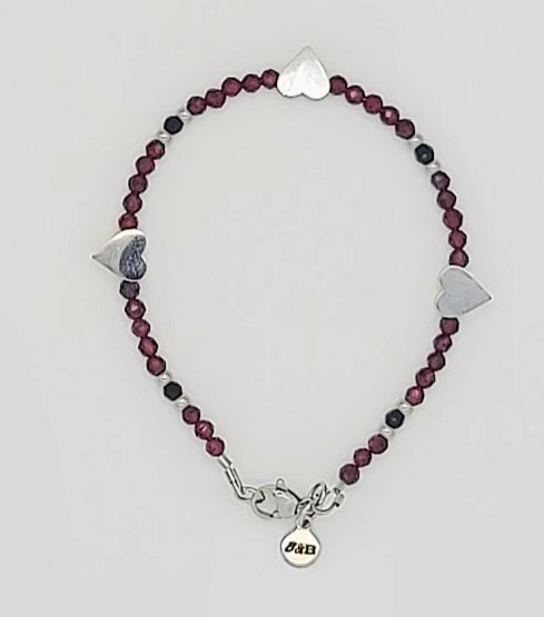 Dark Romance Garnet, Black Glass Bead, Stainless Steel Heart Bracelet