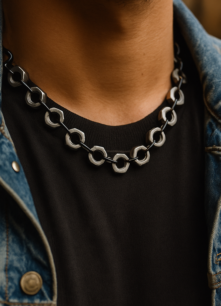 Industrial Galvanized Steel Hex Nut with Black Link 22" Necklace