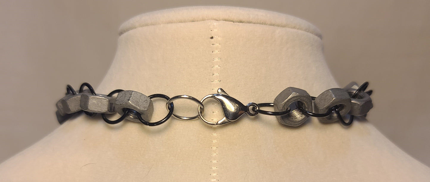 Industrial Galvanized Steel Hex Nut with Black Link 22" Necklace