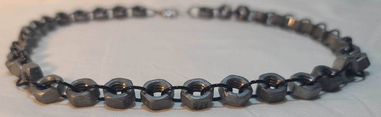Industrial Galvanized Steel Hex Nut with Black Link 22" Necklace