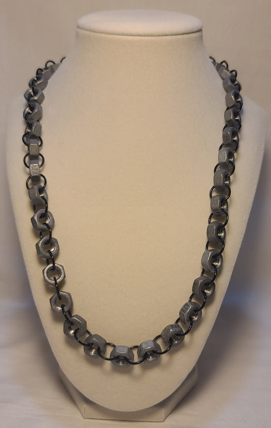 Industrial Galvanized Steel Hex Nut with Black Link 22" Necklace