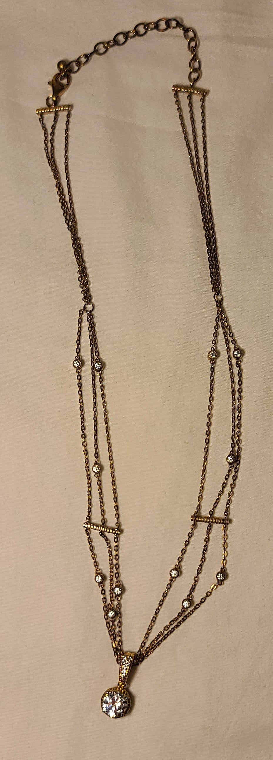 Layered 3 Chain Necklace with Cubic Zirconia Stations & Pendant