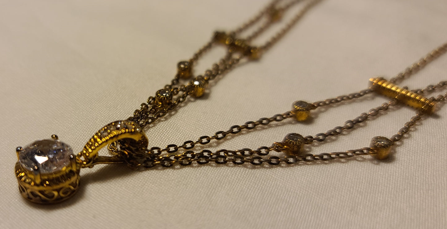 Layered 3 Chain Necklace with Cubic Zirconia Stations & Pendant