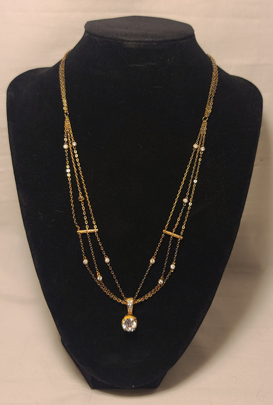 Layered 3 Chain Necklace with Cubic Zirconia Stations & Pendant