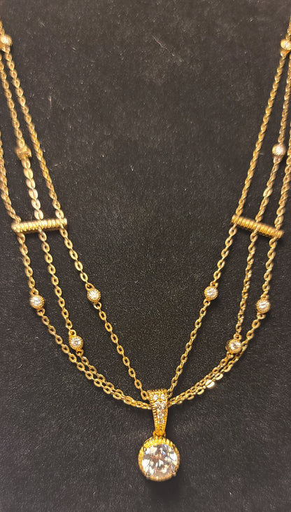 Layered 3 Chain Necklace with Cubic Zirconia Stations & Pendant