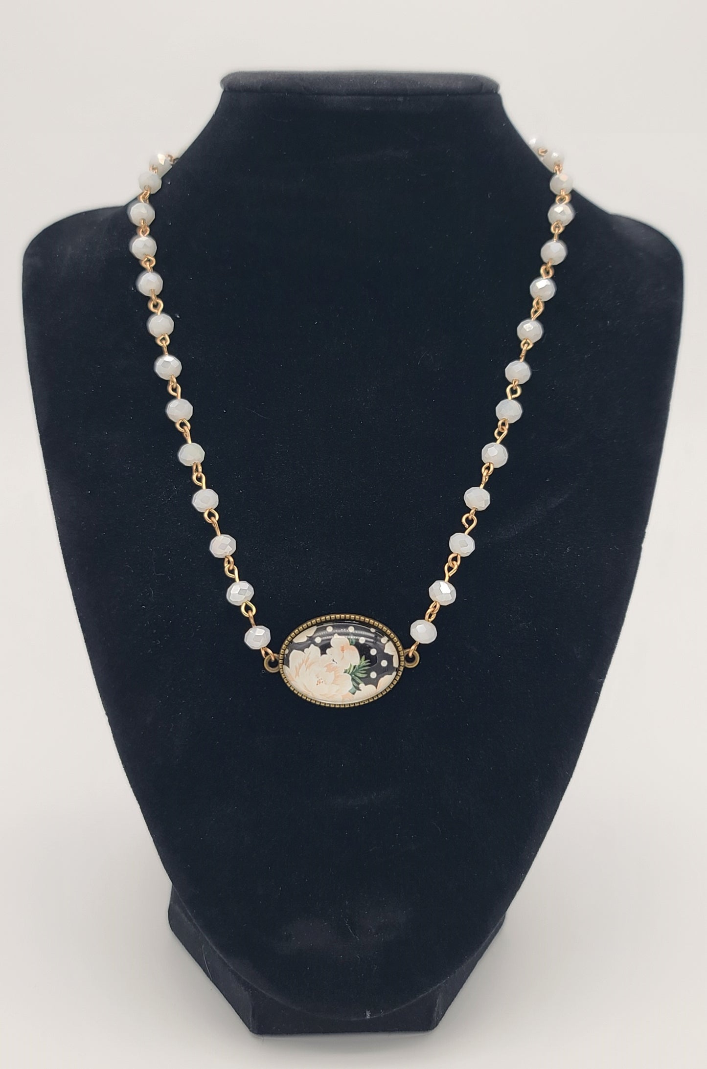 Vintage-Style Rose Cabochon Necklace, Faceted Off-White Glass Beads, 17" with Adjustable Extender