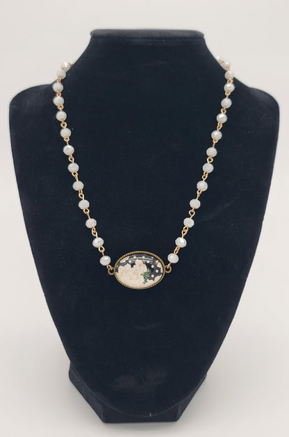 Vintage-Style Rose Cabochon Necklace, Faceted Off-White Glass Beads, 17" with Adjustable Extender