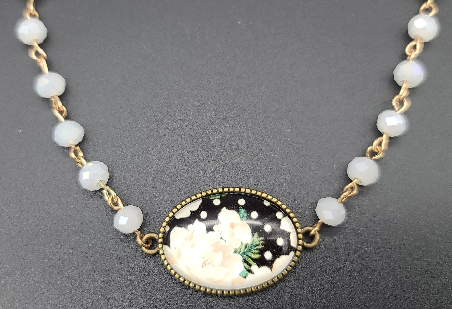 Vintage-Style Rose Cabochon Necklace, Faceted Off-White Glass Beads, 17" with Adjustable Extender