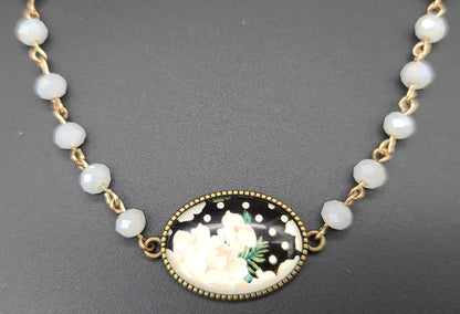 Vintage-Style Rose Cabochon Necklace, Faceted Off-White Glass Beads, 17" with Adjustable Extender