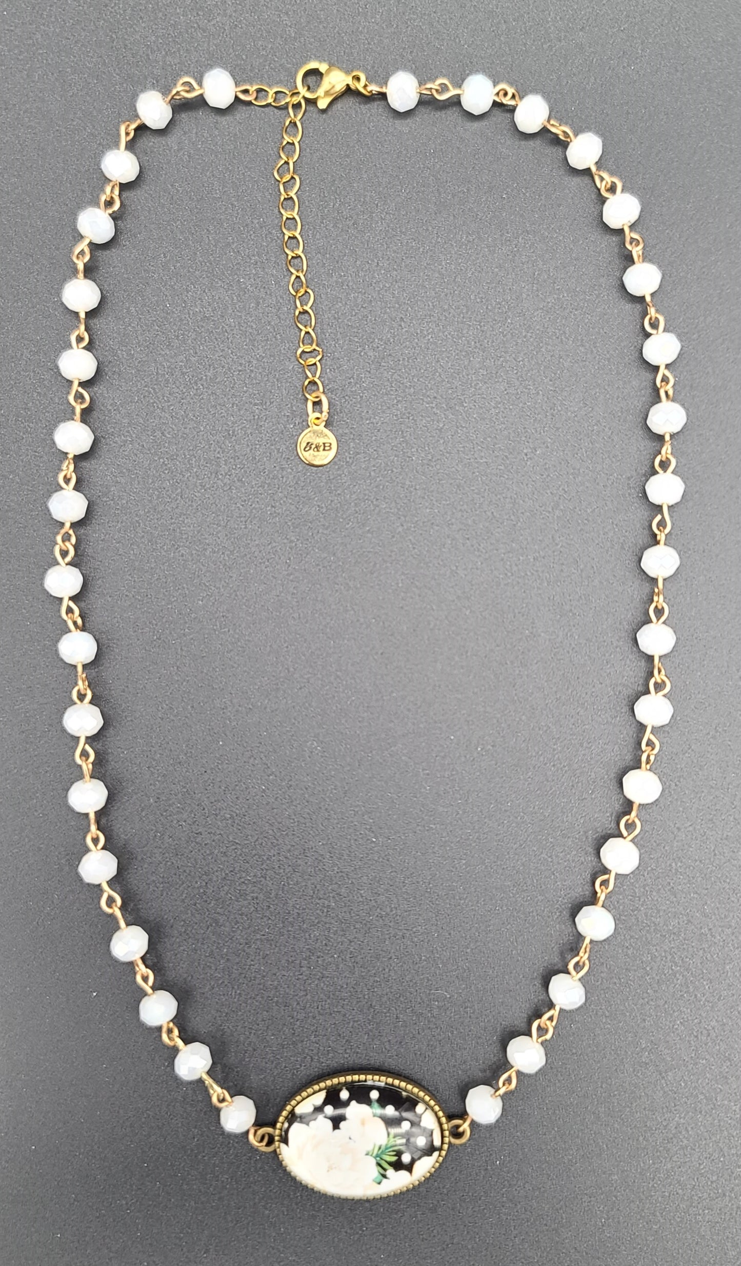 Vintage-Style Rose Cabochon Necklace, Faceted Off-White Glass Beads, 17" with Adjustable Extender