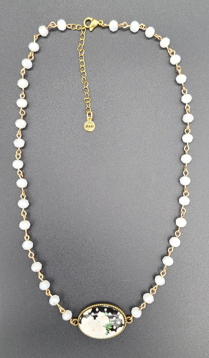 Vintage-Style Rose Cabochon Necklace, Faceted Off-White Glass Beads, 17" with Adjustable Extender