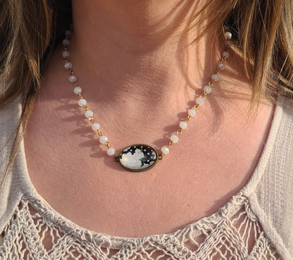 Vintage-Style Rose Cabochon Necklace, Faceted Off-White Glass Beads, 17" with Adjustable Extender