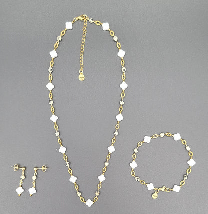 Faux Pearl Clover & Dalmatian Bead Set, Adjustable 17.5 - 20" Necklace, 7.25" Bracelet, 1.25" Earrings