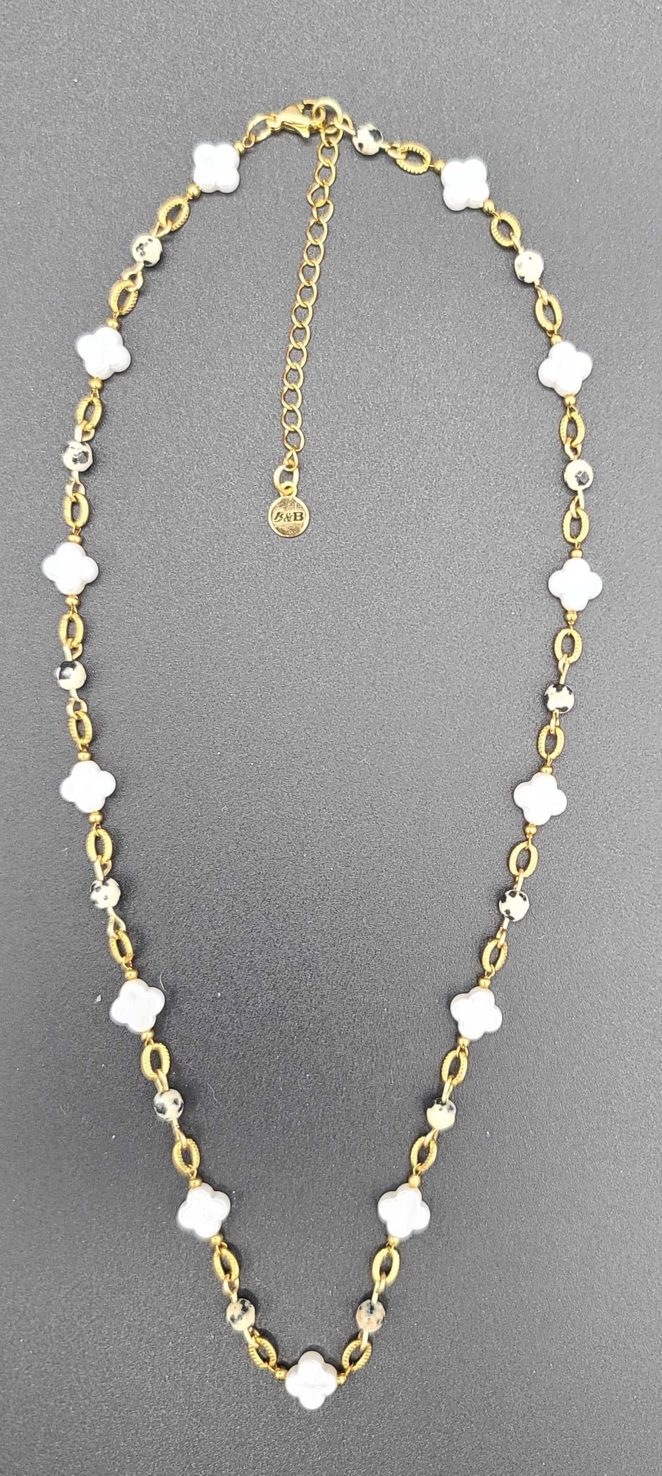 Faux Pearl Clover & Dalmatian Bead Set, Adjustable 17.5 - 20" Necklace, 7.25" Bracelet, 1.25" Earrings