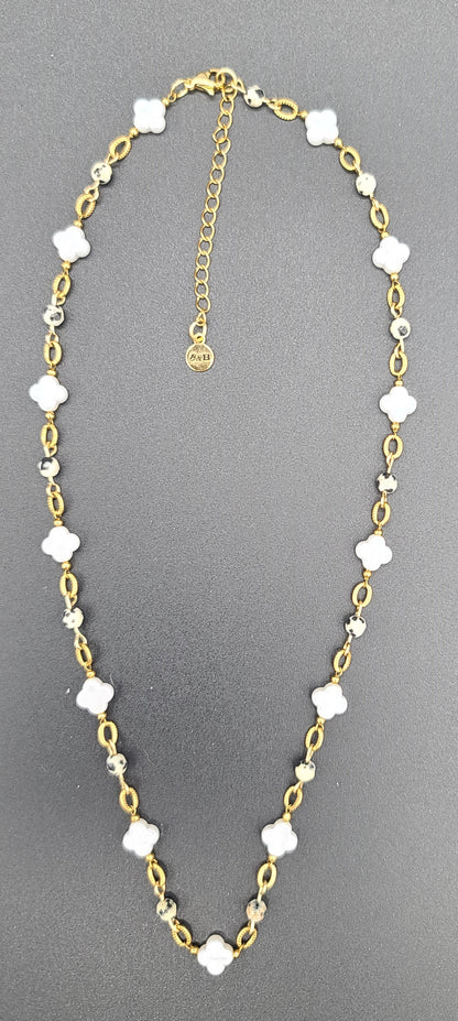 Faux Pearl Clover & Dalmatian Bead Set, Adjustable 17.5 - 20" Necklace, 7.25" Bracelet, 1.25" Earrings