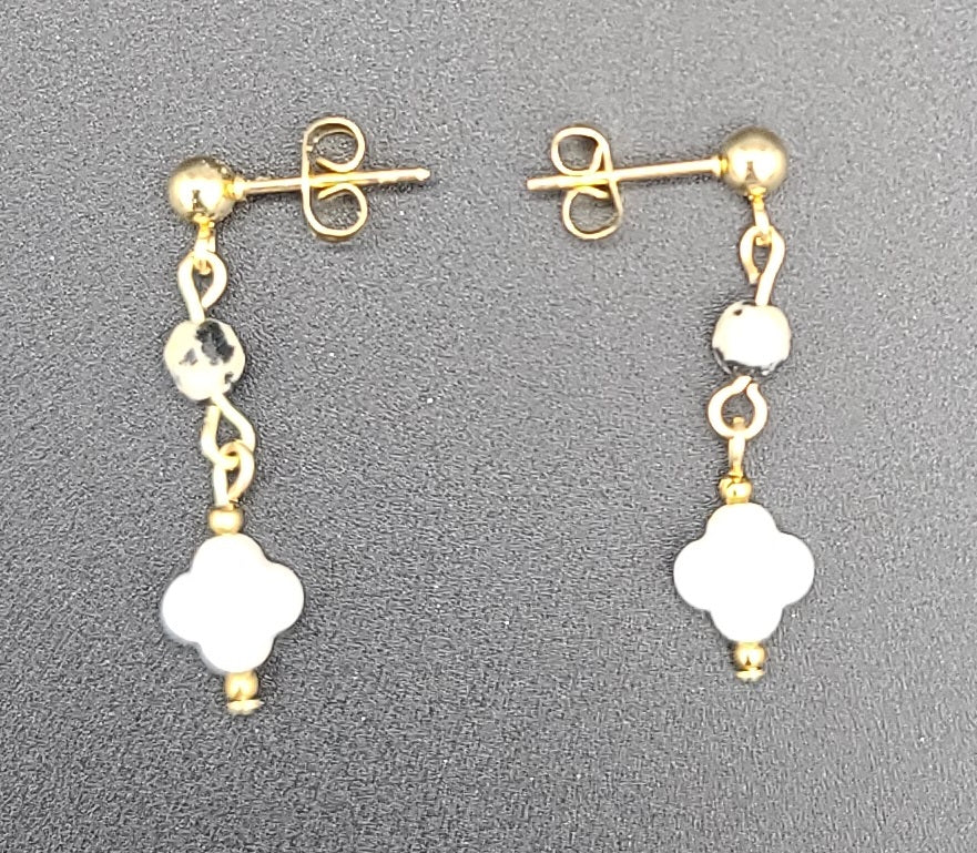 Clover Faux Pearl Earrings with Dalmatian Bead 1.25", Hypoallergenic