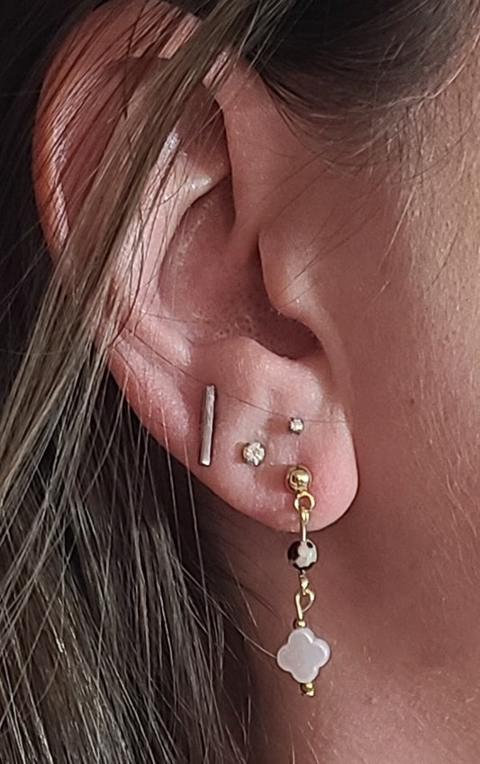 Clover Faux Pearl Earrings with Dalmatian Bead 1.25", Hypoallergenic