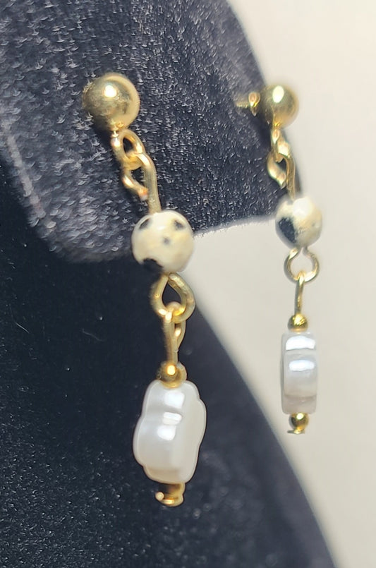 Clover Faux Pearl Earrings with Dalmatian Bead 1.25", Hypoallergenic