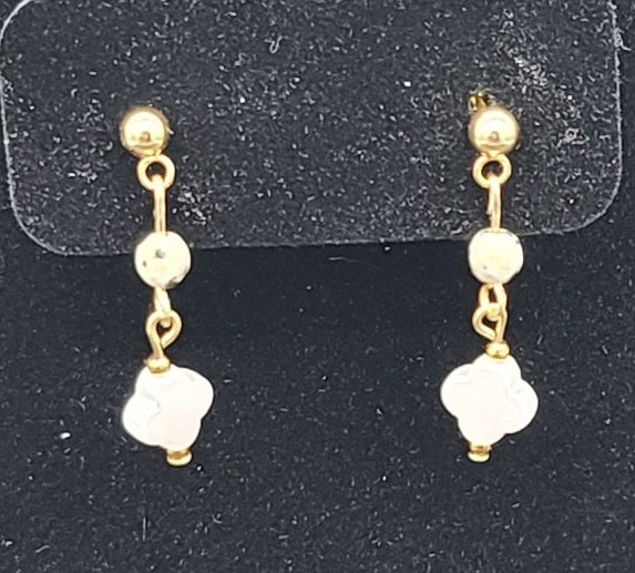 Clover Faux Pearl Earrings with Dalmatian Bead 1.25", Hypoallergenic