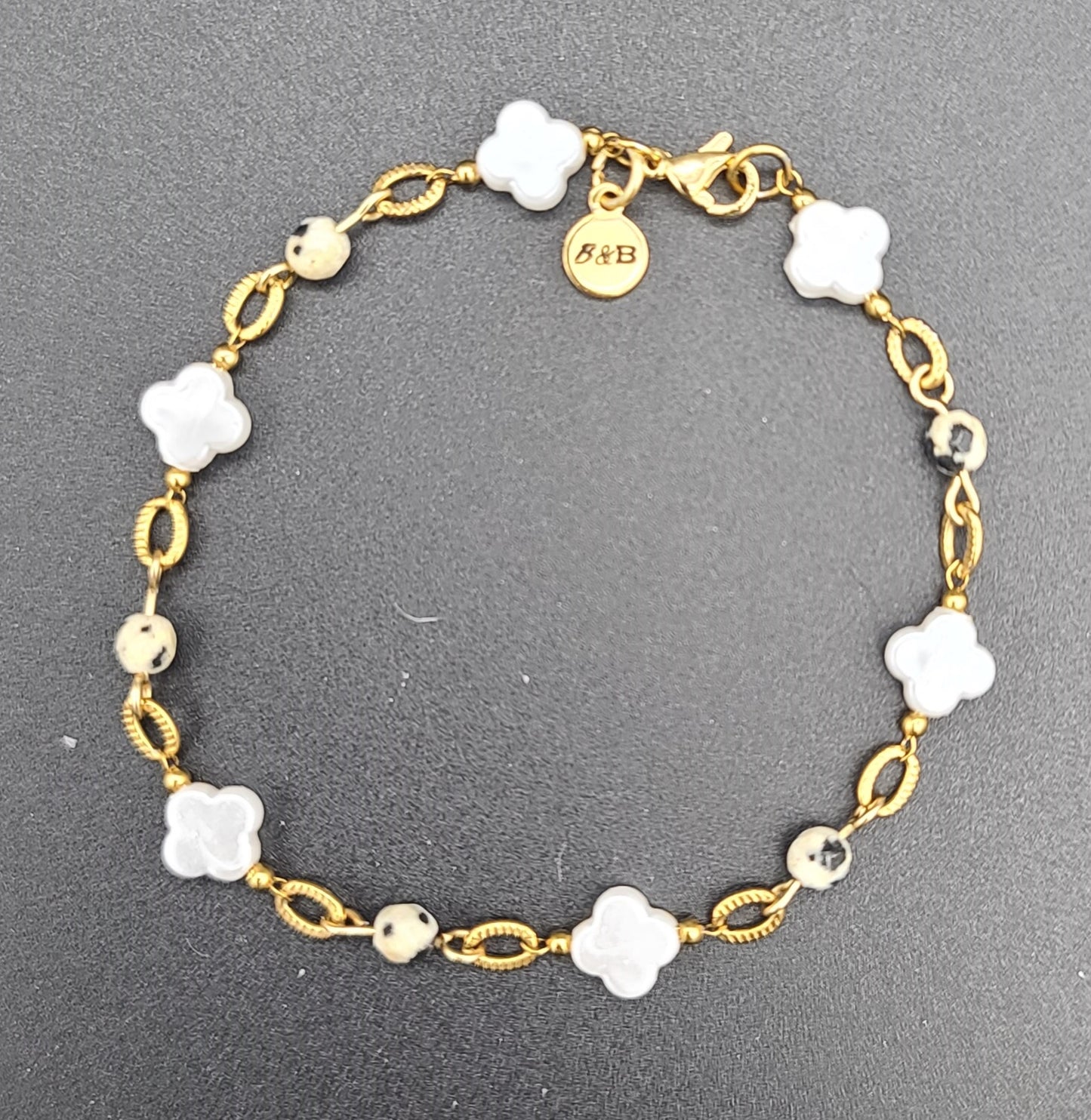 Dalmatian Speckle & Clover Charm Bracelet Gold Stainless 7.25"