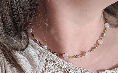 Speckled Dalmatian & Faux Pearl Clover Necklace Everyday Gold Stainless Steel Adjustable 17.5"–20"
