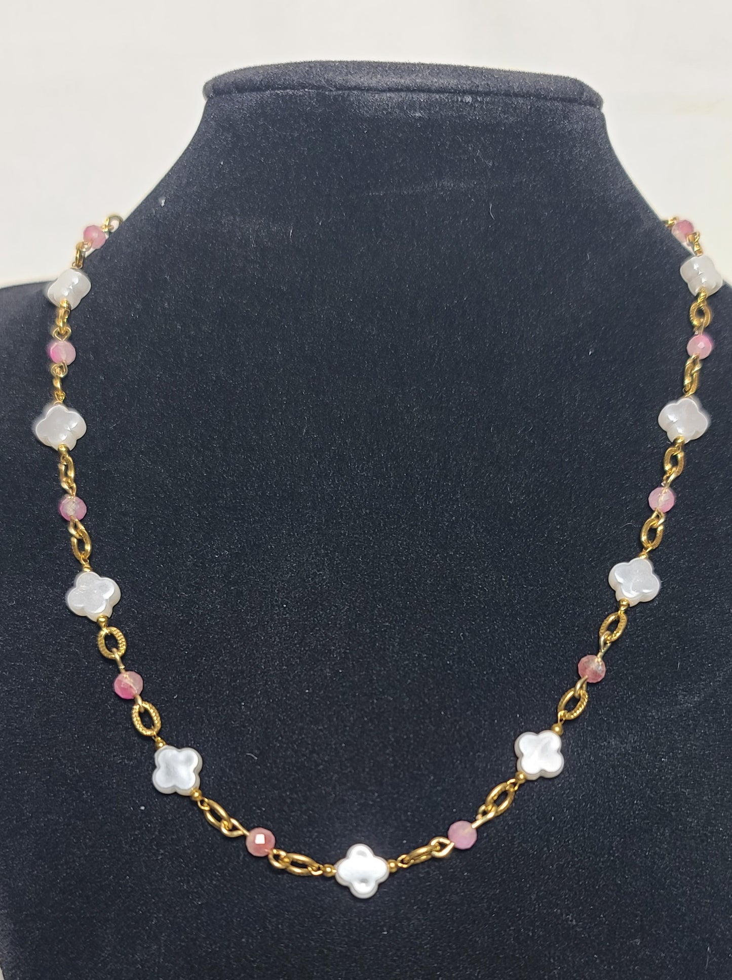 Blush Clover Jewelry Set, Pink Tourmaline, Faux-Pearl Clover Gold Stainless