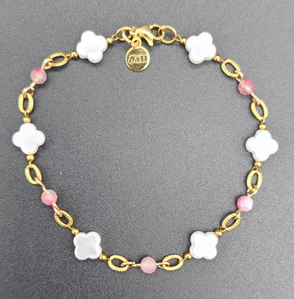 Blush Clover Jewelry Set, Pink Tourmaline, Faux-Pearl Clover Gold Stainless