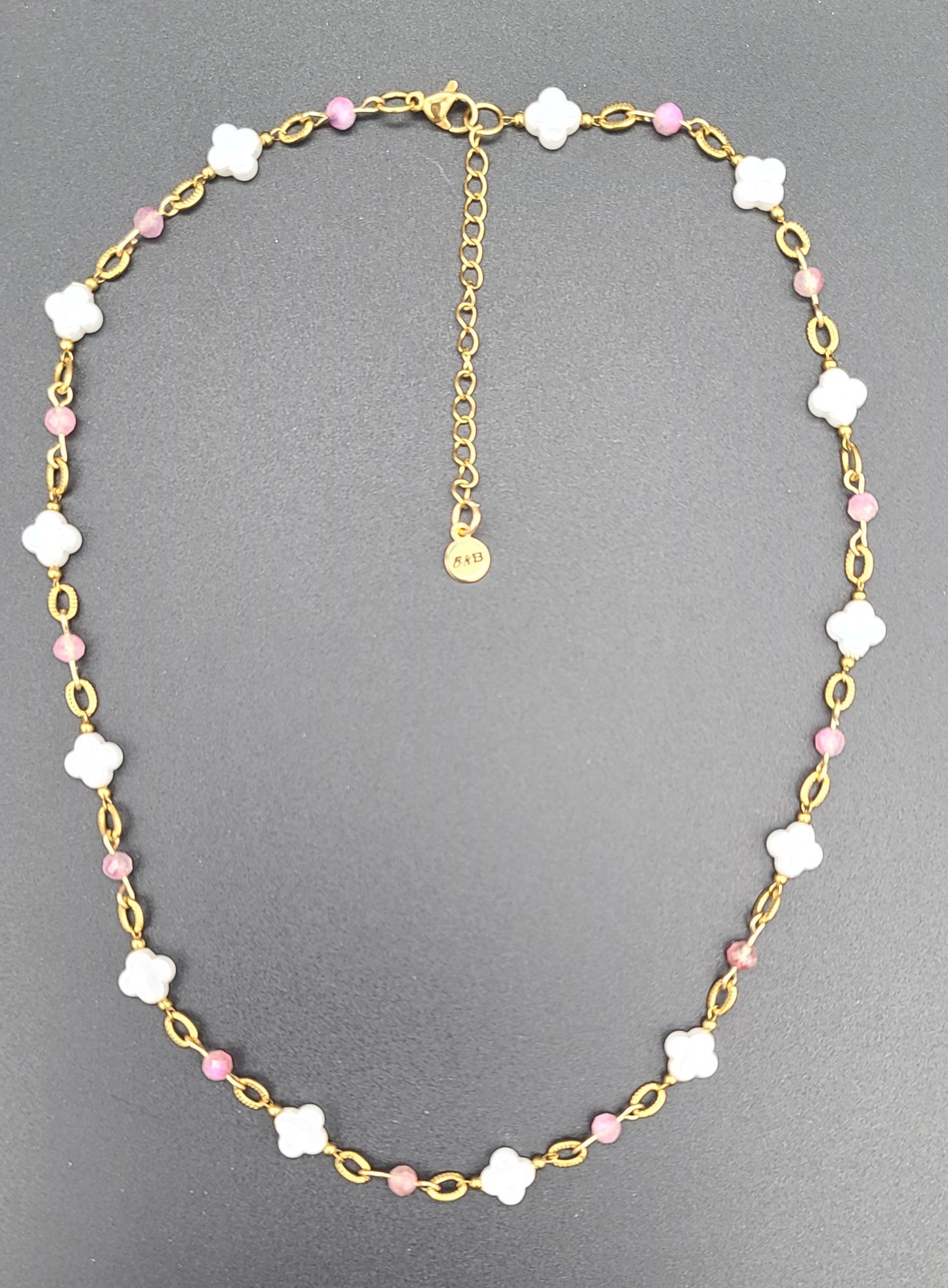 Blush Clover Jewelry Set, Pink Tourmaline, Faux-Pearl Clover Gold Stainless