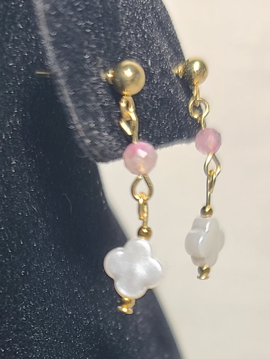 Blush Clover Jewelry Set, Pink Tourmaline, Faux-Pearl Clover Gold Stainless