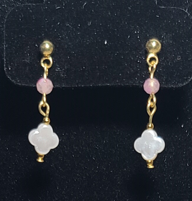 Blush Clover Jewelry Set, Pink Tourmaline, Faux-Pearl Clover Gold Stainless