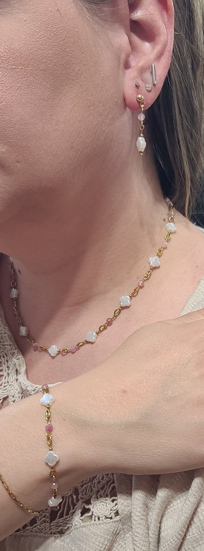 Blush Clover Jewelry Set, Pink Tourmaline, Faux-Pearl Clover Gold Stainless