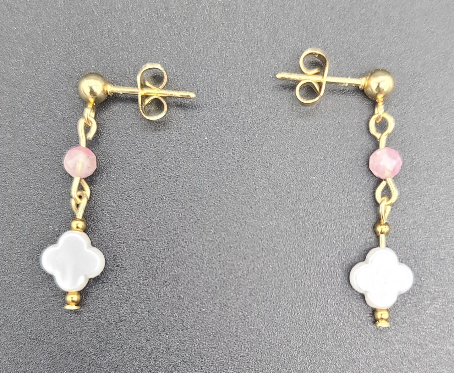 Blush Clover Jewelry Set, Pink Tourmaline, Faux-Pearl Clover Gold Stainless