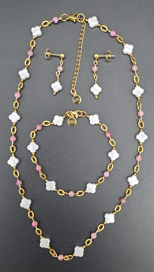 Blush Clover Jewelry Set, Pink Tourmaline, Faux-Pearl Clover Gold Stainless