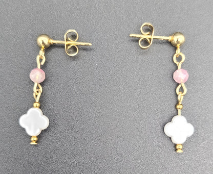 Blush Pink Tourmaline & Clover Drop Earrings, Stainless Posts, Lightweight 1.25"