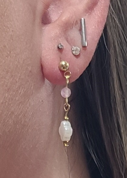 Blush Pink Tourmaline & Clover Drop Earrings, Stainless Posts, Lightweight 1.25"