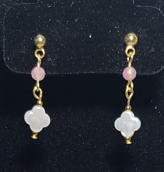Blush Pink Tourmaline & Clover Drop Earrings, Stainless Posts, Lightweight 1.25"