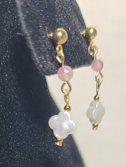 Blush Pink Tourmaline & Clover Drop Earrings, Stainless Posts, Lightweight 1.25"