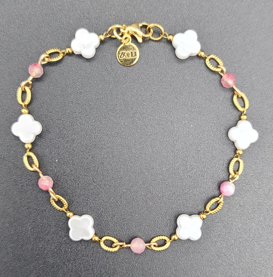 Blush Pink Tourmaline & Clover Gold Stainless Bracelet 7.5"