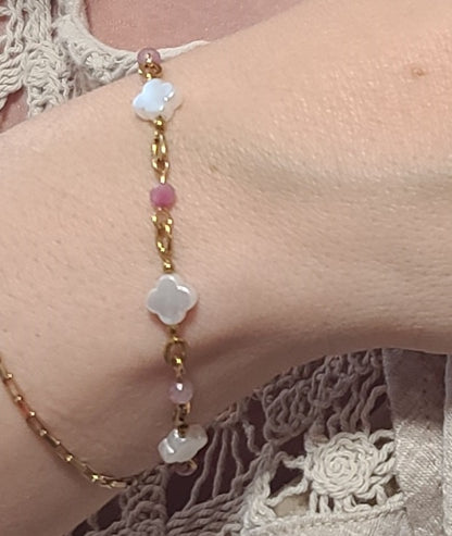 Blush Pink Tourmaline & Clover Gold Stainless Bracelet 7.5"