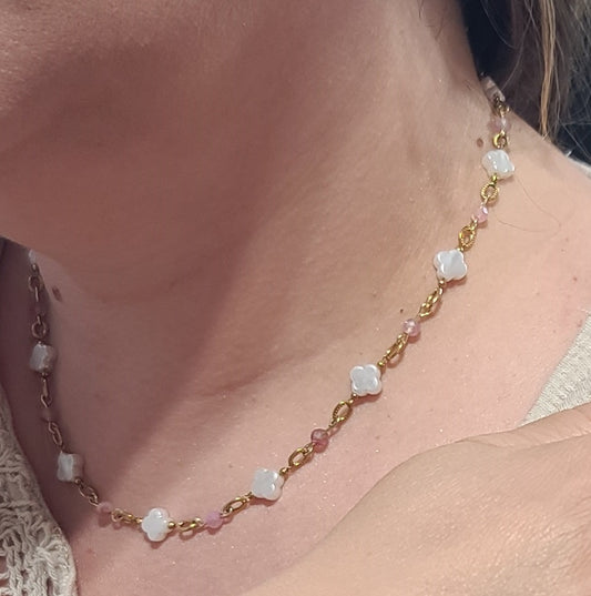 Blush Pink Tourmaline & Faux-Pearl Clover Necklace Adjustable 17–19.25"