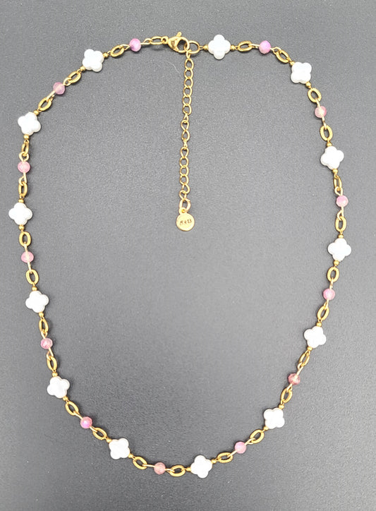 Blush Pink Tourmaline & Faux-Pearl Clover Necklace Adjustable 17–19.25"