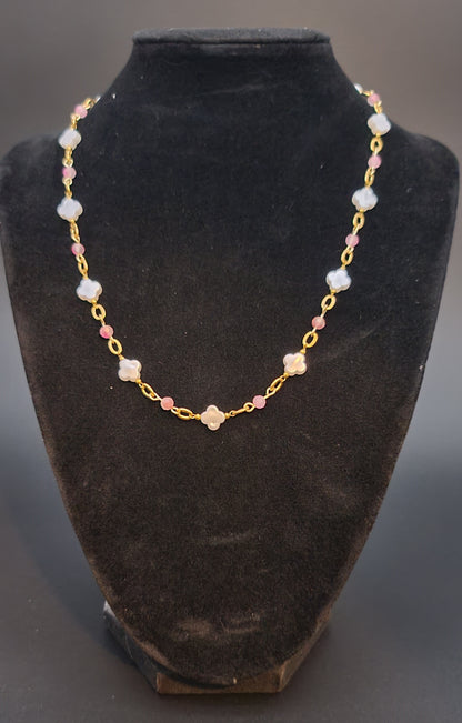 Blush Pink Tourmaline & Faux-Pearl Clover Necklace Adjustable 17–19.25"
