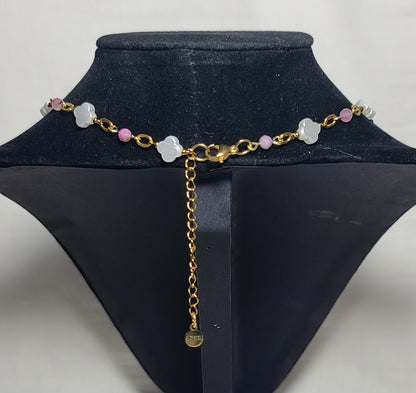 Blush Pink Tourmaline & Faux-Pearl Clover Necklace Adjustable 17–19.25"