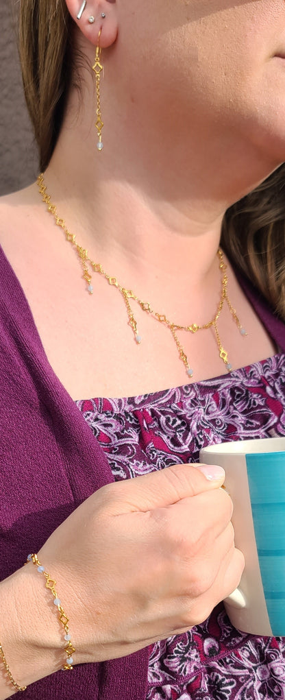 Aquamarine & Gold Clover Jewelry Set, Adjustable, Fringe Necklace, Bracelet & Earrings