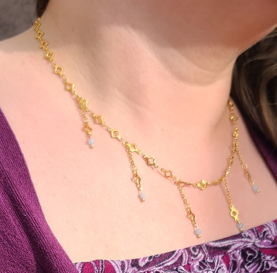 Aquamarine & Gold Clover Adjustable, Fringe Necklace