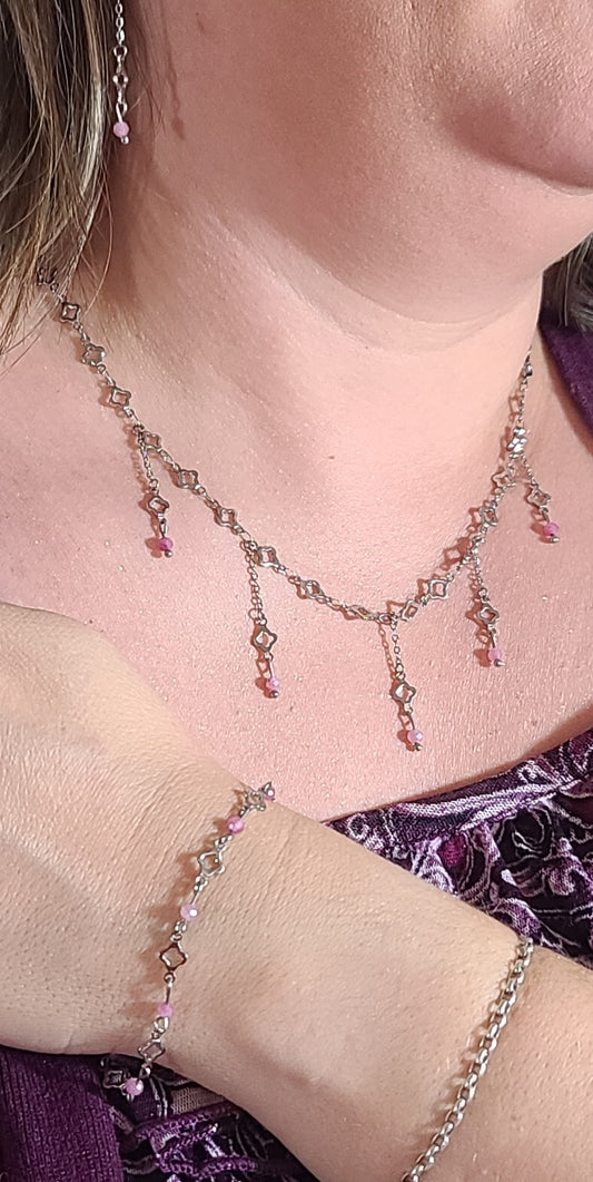 Blush Steel Clover Jewelry Set:  Stainless with Pink Tourmaline (Necklace, Bracelet & Earrings)