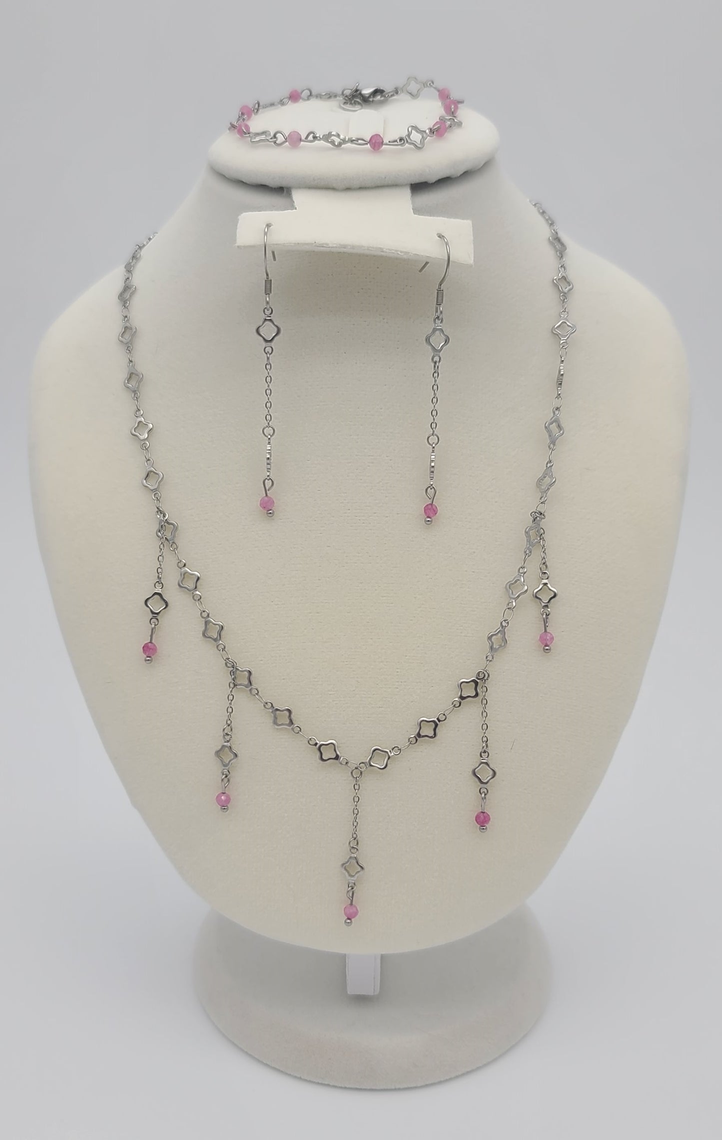 Blush Steel Clover Jewelry Set:  Stainless with Pink Tourmaline (Necklace, Bracelet & Earrings)