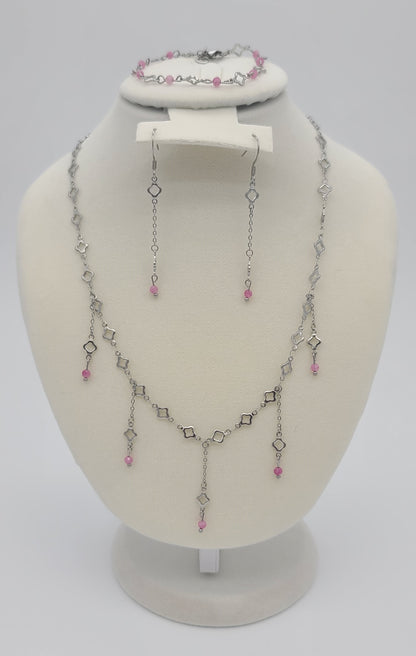 Blush Steel Clover Jewelry Set:  Stainless with Pink Tourmaline (Necklace, Bracelet & Earrings)