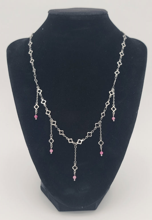 Blush Steel Clover Stainless with Pink Tourmaline Fringe Necklace